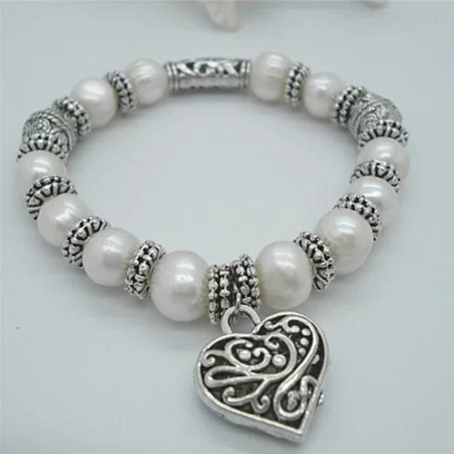 Charming Heart Pearl And Silver Bracelet