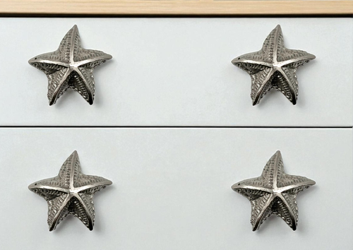 Set of Six Silver Iron Starfish Drawer Pull Knobs