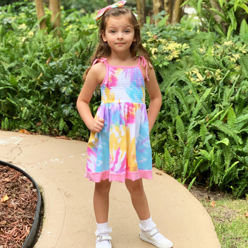 AnnLoren Big Little Girls Pastel Tie Dye Smocked Summer Swing Dress