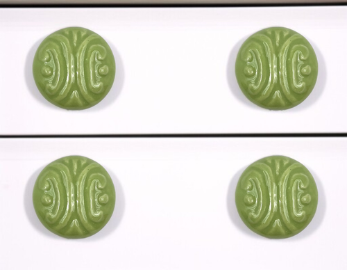 Set of Six Green Embossed Ceramic Drawer Pull Knobs