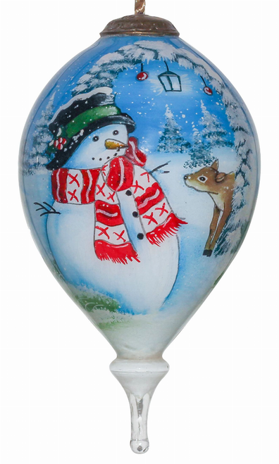 Snowman and Deer Hand Painted Glass Ornament