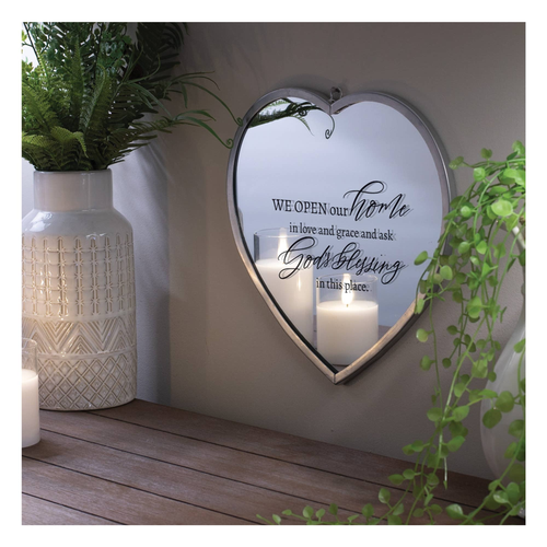 Heart Mirror We Open Our Home Lrg Silver