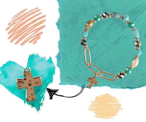 Bracelet Green Multi Bead With Cross