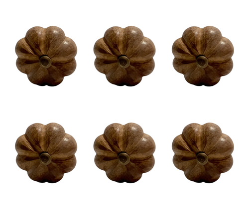 Set of Six Brown Wood Flower Shaped Drawer Pull Knobs