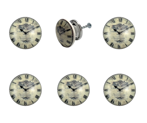 Set of Six Black And White Distressed Clock Face Ceramic Drawer Pull Knobs