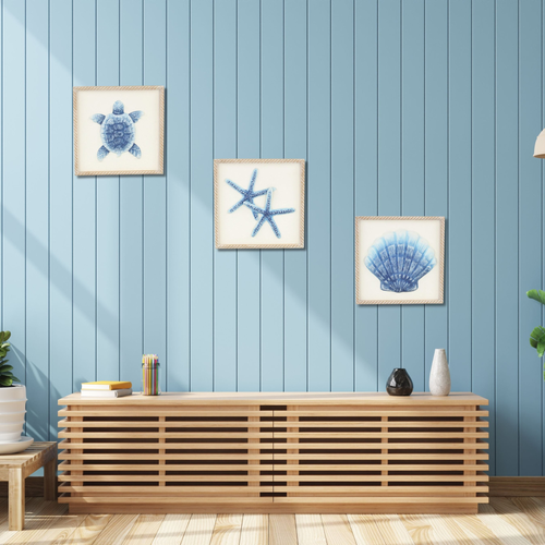 Blue and White Distressed Metal Sea Shell Brown Frame Wall Art