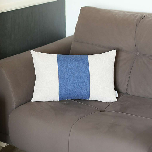 Homeroots Home Decor White And Blue Midsection Lumbar Throw Pillow, 12 x 20 x 1 Inches