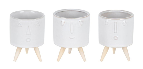 Set of Three White Porcelain 1 Ounce Round Funny Face Pot Planters With Stands