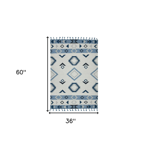 3' X 5' Black Gray And Sky Blue Wool Abstract Geometric Handmade Area Rug With Fringe