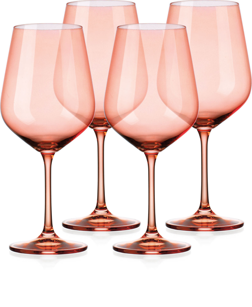 Set of Four Coral Crystal Balloon Bowl Stemmed Red Wine Glass