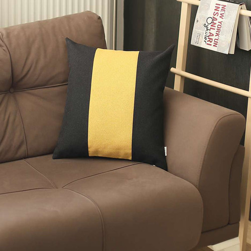 Homeroots Home Decor Black And Yellow Centered Strap Throw Pillow, 18x18x1 Inch