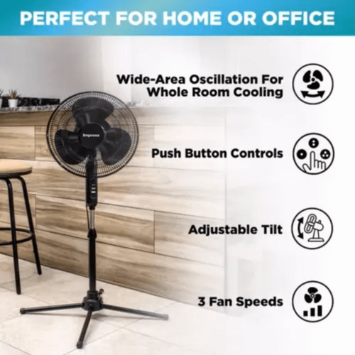 Impress Easy-Assemble 3-Speed 16-Inch Stand Oscillating Pedestal Floor Fan Black