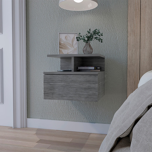 12" Gray One Drawer Faux Wood Floating Nightstand
