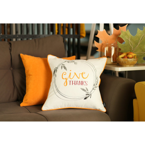 Set of Four 18" Orange and White Give Thanks Thanksgiving Fabric Throw Pillow Covers