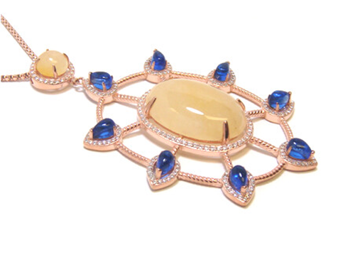 Peach Agate, Sapphire Statement  Necklace, 925 Sterling Silver, Rose Gold