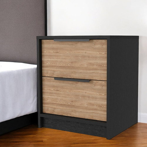 19" Black and Natural Two Drawer Faux Wood Nightstand