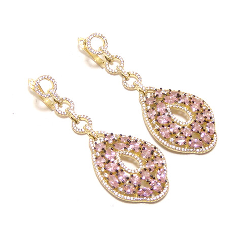 Simulated Pink & White Diamond Dangle Earrings 925 sterling Silver, Yellow Gold