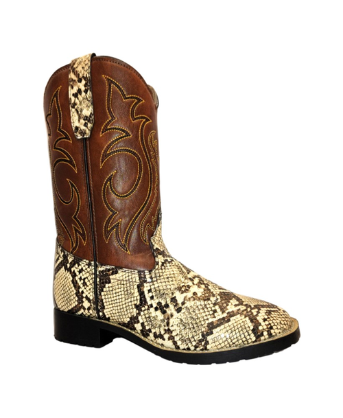 TuffRider Youth Mesa Square Toe Western Boot- Brown w/ Snakeskin- 7Y