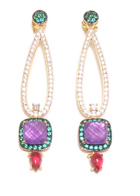 Square-Shaped Natural Amethyst Graduated Drop Earrings in Sterling Silver