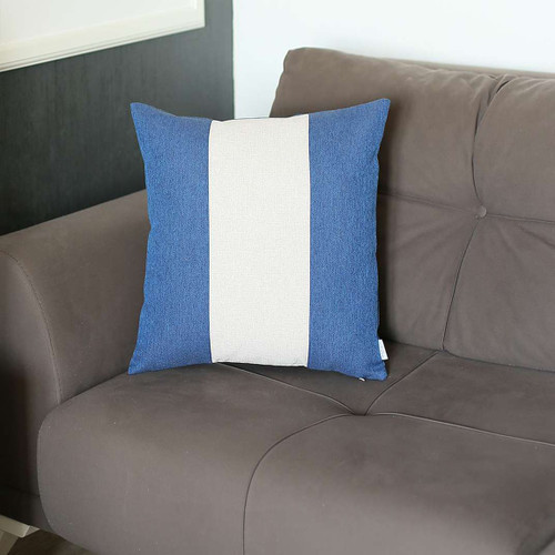 Homeroots Home Decor Blue And White Centered Strap Throw Pillow, 18x18x1 Inch