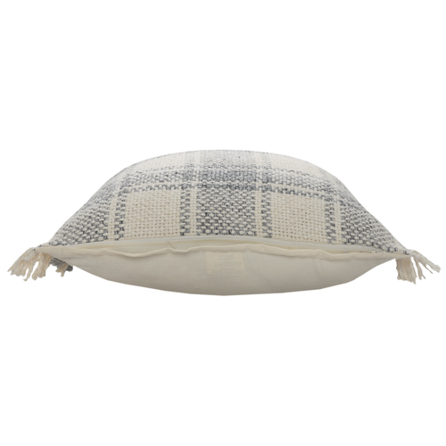 Set of Two 20" Off White And Gray Plaid Cotton Throw Pillows with Fringe