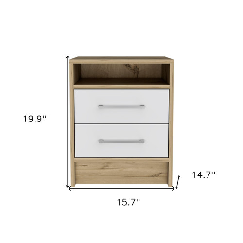 20" White and Natural Two Drawer Faux Wood Nightstand