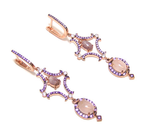 Rose Quartz & Jasper Dangle Earrings, 925 Sterling Silver, Rose Gold