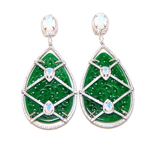 Green Jade & created Opalite Dangle Earrings, 925 Sterling Silver, Platinum Embraced