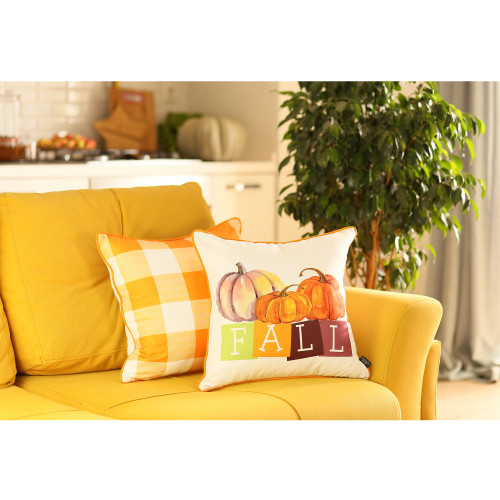 Set of Two 18" Orange And White Fall Plaid Fabric Throw Pillow Covers