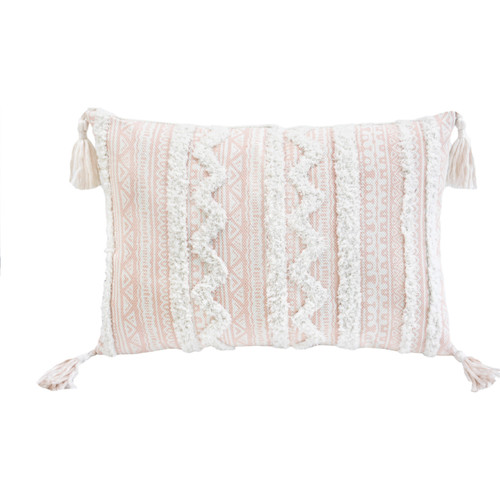 Homeroots Home Decor 13 X 18 Inches Beige and White Damask Zippered Polyester and Burlap Blend Throw Pillow with Tassels