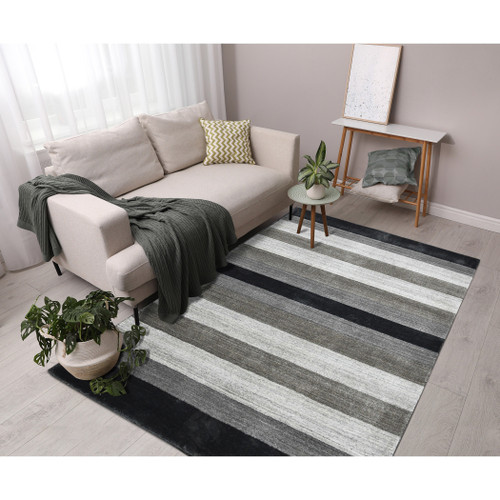 4' X 6' Black And Gray Wool Striped Hand Woven Area Rug