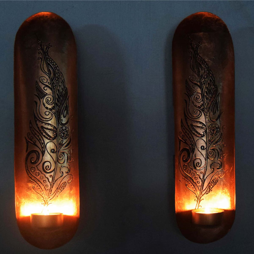 Copper and Gold Wall Candle Sconces with Feather Design