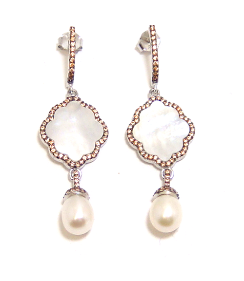Mother Of pearl, Simulated Stone Dangle Earrings, 925 Sterling Silver