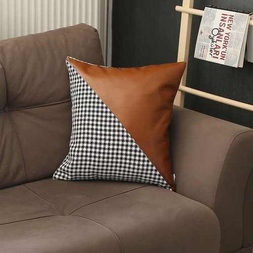 Homeroots Home Decor 18" x 18" Brown and Black Houndstooth Zippered Handmade Polyester Throw Pillow Cover