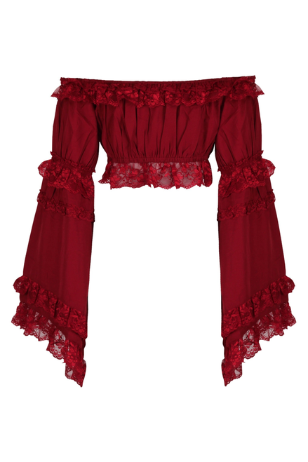 Dark Red Smocked Flare Sleeve Peasant Top