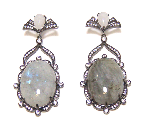 Gray Labradorite & White Jade Oval Shape Dangle Earrings, 925 Sterling Silver, Black Gold