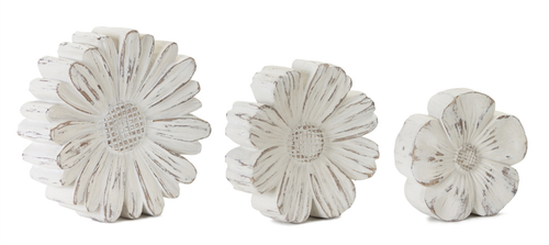 Set of Three Distressed White Carved Flowers Tabletop Sculpture