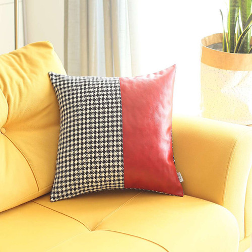 Homeroots Home Decor Houndstooth Divided Red Faux Leather Throw Pillow, 18x18x1 Inch