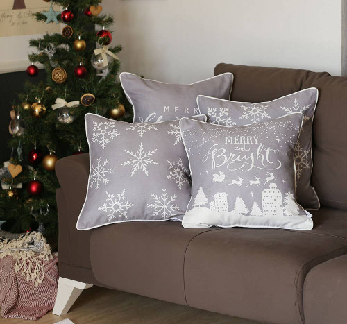Homeroots Home Decor Set of Four Gray Merry Bright Christmas Throw Pillows