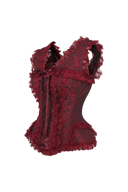 Top Drawer Red/Black Brocade & Lace Steel Boned Corset with Cap Sleeves