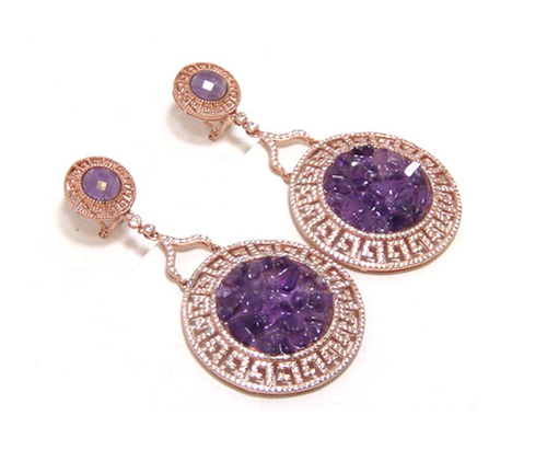 Amethyst Circle Drop Designer Earrings , 925 Sterling Silver, Rose Gold
