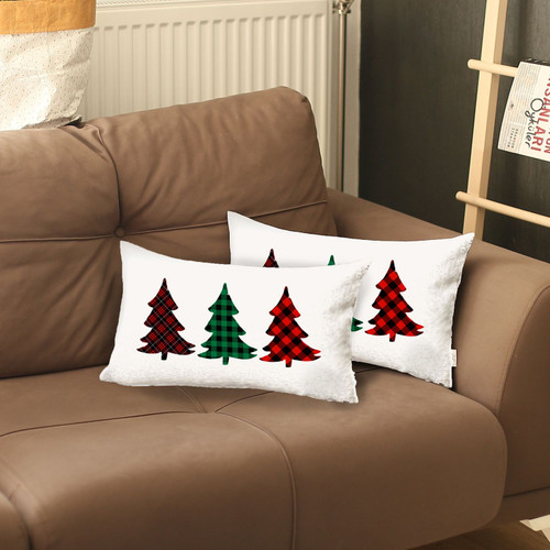 Homeroots Home Decor Set of 2 Christmas Tree Trio Plaid Lumbar Throw Pillows, 12 x 20 Inches, Set of 2