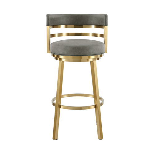 26" Gray and Gold Faux Leather and Stainless Steel Low Back Counter Height Swivel Bar Chair