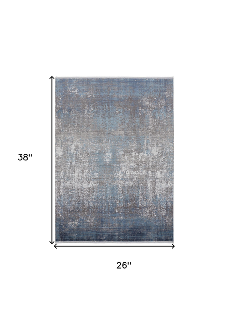 2' X 3' Blue and Gray Abstract Power Loom Distressed Area Rug With Fringe