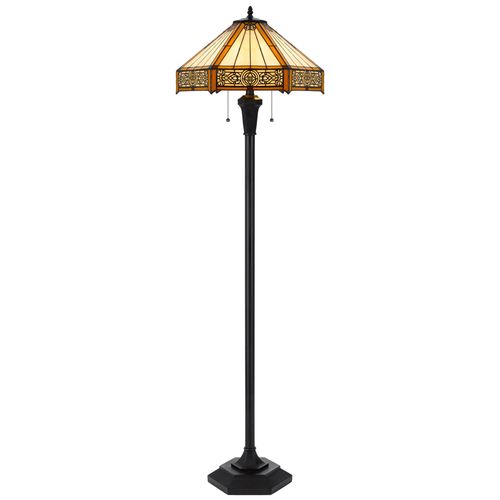 60" Bronze Two Light Traditional Shaped Floor Lamp With Orange and Ivory Abstract Tiffany Glass Empire Shade