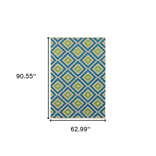 5' X 8' Blue and Beige Geometric Stain Resistant Indoor Outdoor Area Rug