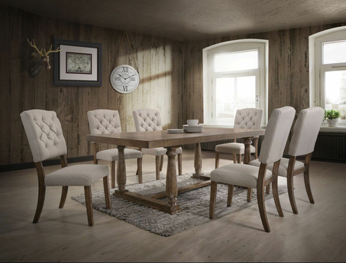 Set of Two Tufted Cream and Brown Upholstered Linen Open Back Dining Side Chairs