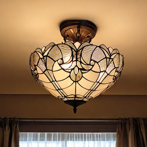 Yellow and Brown Two Light Tiffany Style Semi Flush Dimmable Ceiling Light