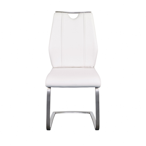 Set of Two White and Silver Upholstered Leather Dining Side Chairs