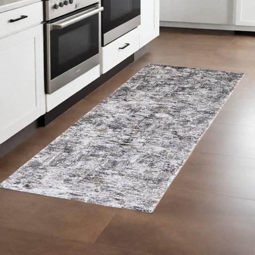8' Gray Ivory And Brown Abstract Distressed Runner Rug